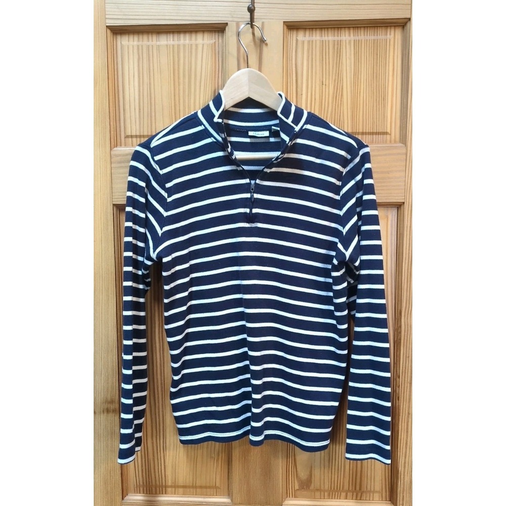 LL Bean AZ M Preppy 100% Cotton Knit Quarter Zip Pullover 🔵 Striped 🤍 Nautical
